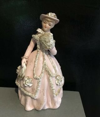 Lefton Porcelain Lady Figurine Pink Spaghetti Gold Trim Kw 1573 Circa 1950’s