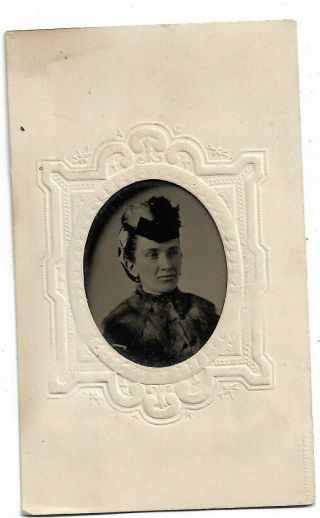 Embossed Paper Framed Tintype Photograph Woman Wearing Fur 1860 - 70s