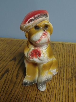 Vintage Hand Painted French Bulldog W/ Hat Chalkware Carnival Prize Dog 6 " Tall