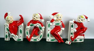 Vintage Noel Ceramic Christmas Pixie Elf Elves Figurines In Red Suits Japan