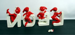 Vintage NOEL Ceramic Christmas Pixie Elf Elves Figurines in Red Suits JAPAN 2
