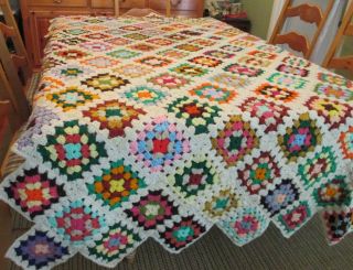 Vtg Hand Crochet Granny Square Afghan Throw Blanket Multi Ivory 56 X 80 Evc