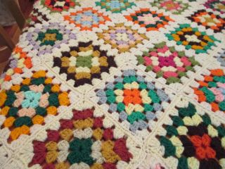 VTG Hand Crochet Granny Square Afghan Throw Blanket Multi Ivory 56 x 80 EVC 2