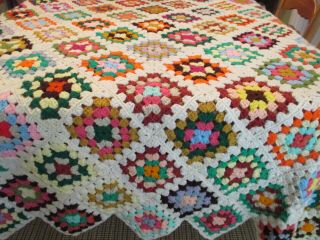 VTG Hand Crochet Granny Square Afghan Throw Blanket Multi Ivory 56 x 80 EVC 3