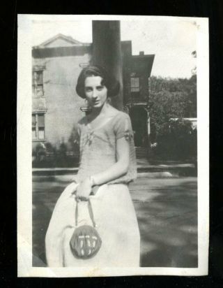 Vintage Photo Pretty Flapper Girl Holds Lovely Purse Short Haircut 1920 