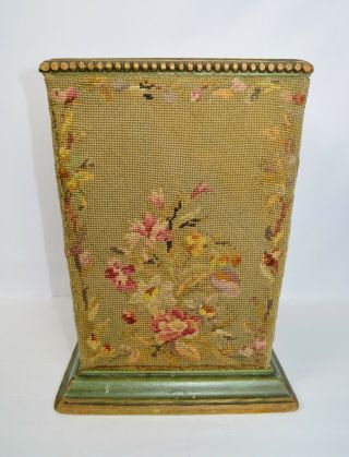 Vintage Needlepoint Wood Trash Can Waste Basket Floral Victorian Shabby