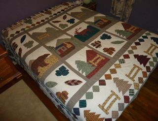Vintage Rustic Lodge Full/queen Quilt Patchwork Moose Bear Plaid Cabin 96w X 84l