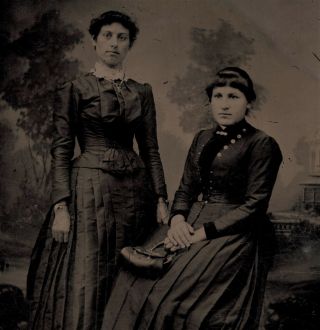 Old Vintage Antique Tintype Photo Two Sweet Young Ladies In Dresses