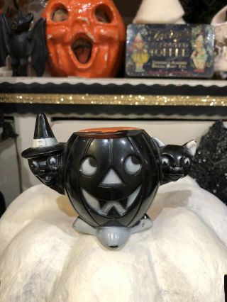 Vintage Rosbro Rosen Hard Plastic Halloween Witch Black Cat Pumpkin Candy Holder