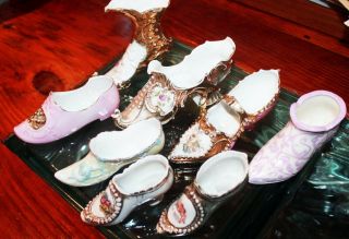 7 Vintage China Victorian Style & 1 Ceramic Shoe Boot Decorated Gold Gilt