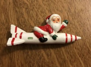 Vtg Santa Claus Rocket Spaceship Ceramic Christmas Tree Ornament Shafford Japan