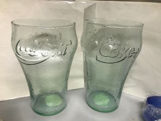 2 Vtg Lg Coca Cola Drinking Glasses Pebbled Indiana Green Glass 7 " T 4 " Mouth