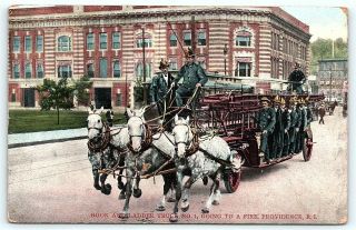 Postcard Ri Providence Horse Drawn Fire Engine Company 1 Hook & Ladder A32