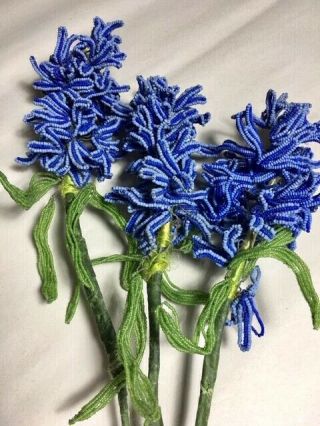 Vintage French Handmade Seed Beaded Flowers 3 Blue Hyacinth