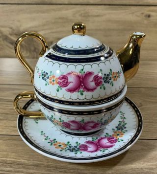 Sorelle Fine Porcelain Tea For One Set Floral Teapot Cup Saucer W/ Box