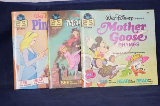 Walt Disney Books With Records Set Of 3: Mother Goose,  Pinocchio,  Mary Poppins