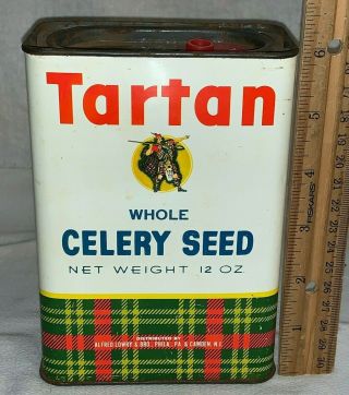 Antique Tartan Celery Seed Spice Tin Litho Can Scottish Kilt Plaid Grocery Store