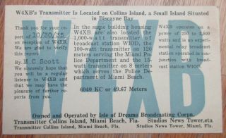 1935 W4xb Short Wave Qsl Card - Dreams Broadcasting Corporation - Miami Florida