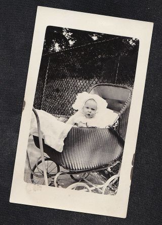 Vintage Antique Photograph Adorable Baby Sitting In Old Time Wicker Carriage