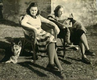 W354 Vtg Photo Two Young Women Sitting Sun,  German Shepherd Dog,  Book C 1930 