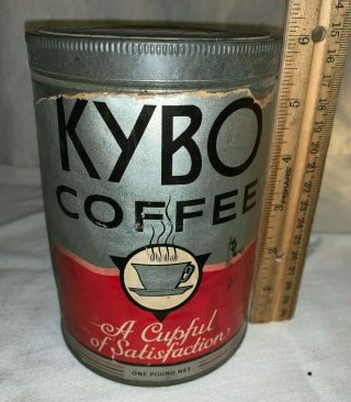 Antique Kybo Coffee 1lb Tall Tin Can Boston Ma Silver Red Vintage Grocery Store