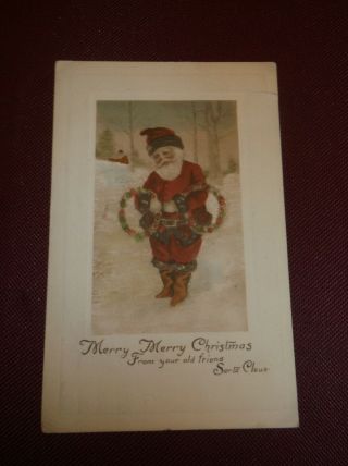 Vintage 1912 - Santa With A Wreath On Each Arm - Brown Trim - Lqqk - -