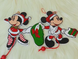 Mickey & Minnie Mouse Pull String Christmas Ornaments Santa Vintage Disney Wood