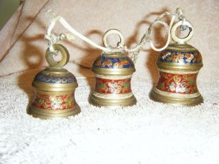 Set Of 3 Vintage Brass And Enamel Bells Mid Century