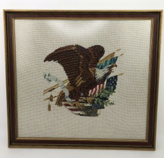 Vintage Patriotic American Bald Eagle Needle Point Canvas Gold Framed Art