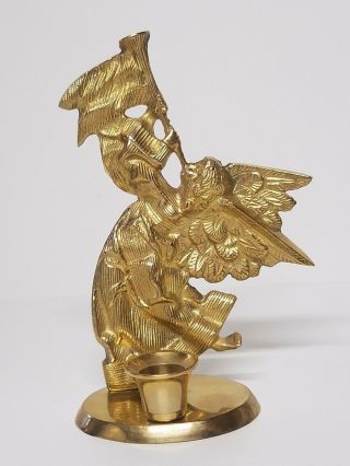 Vintage Solid Brass Heavenly Angel Candle Holder Playing Horn Trumpet