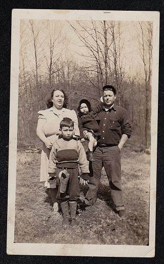 Antique Vintage Photograph Little Boy W/ Holster Gun Standing W/ Family In Woods