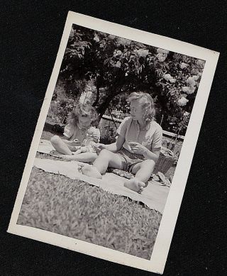 Antique Vintage Photograph Mom & Little Girl W/ Doll Sitting On Blanket In Yard