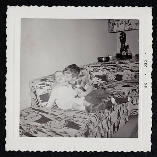 Vintage Antique Photograph Adorable Little Boy Kissing Baby On Retro Couch