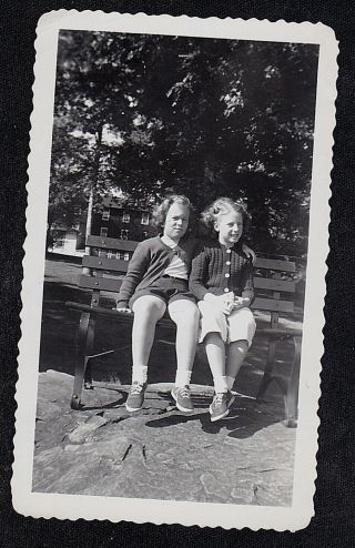 Vintage Antique Photograph Two Little Girls Sitting On Park Bench