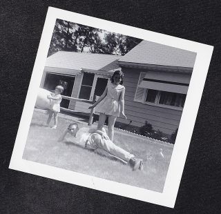 Antique Vintage Photograph Little Girl Standing By Boy Laying Across Lawn