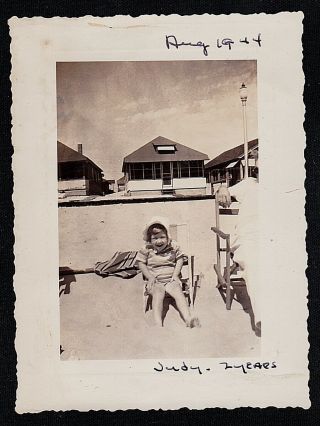 Vintage Antique Photograph Adorable Little Girl Sitting On Chair At Beach