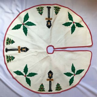 Vintage Handmade 35 " Diameter Christmas Tree Skirt - Felt,  Sequins,  Ribbon Lined