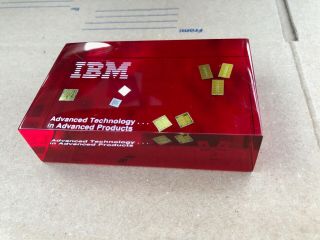 Vintage Ibm Display/paper Weight With Computer Chips.  Red & Clear Plastic.