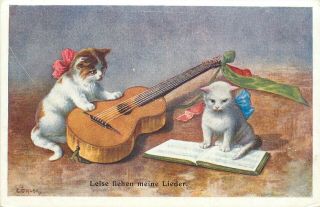 Vintage B K W I German Cat Postcard 303 - 4 Kittens With Song Book & Guitar Music