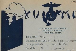 1939 Xu2mc U.  S.  Marine Detachment American Embassy Peiping Qsl Radio Card