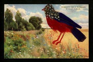 Novelty Postcard W/ Add On Silk Feathered Birg Russian Wheat Field