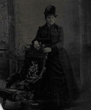 Tintype Photo T79 Woman In Dress Posing In Brimmed Hat W/ Feather & Long Coat