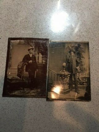 2 Tintype Photo Two Staged Men With Hats On