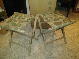 2 Vintage Wood Camouflage Canvas Folding Stool Chairs Camping Fishing Hunting