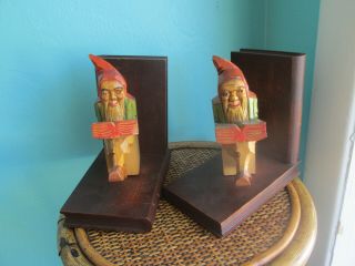 Anri Vintage Carved Wood Gnomes Reading Books Bookends