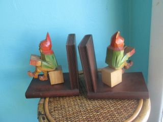 Anri Vintage Carved Wood GNOMES Reading Books Bookends 2