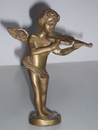 Antique Heavy 5 3/4 " Tall Bronze Violin Or Fiddle Playing Cherub Or Angel