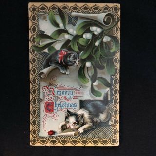 Vintage Christmas Card Cats 1911 With 1 Cent U.  S.  Postage Stamp