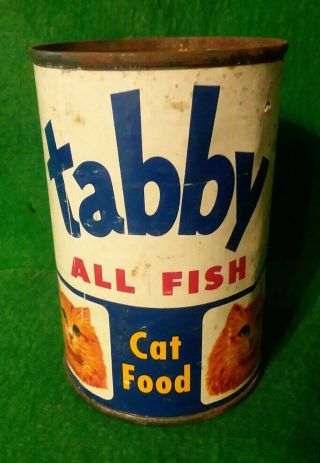 Vintage Tin Can With Paper Label Advertising Tabby All Fish Cat Food Boston Mass