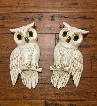 Vintage Set Owl Wall Plaques From Miller Studio Chalkware 1978 White & Gold
